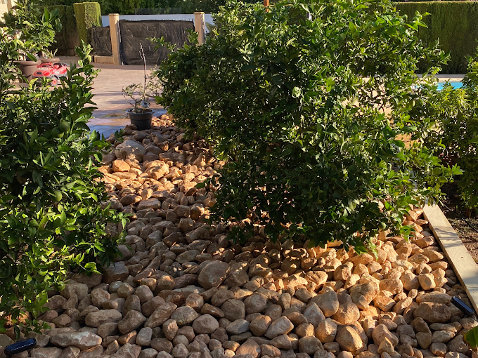 Jardín mediterráneo con plantas y piedra natural de la ficha de TriGarden